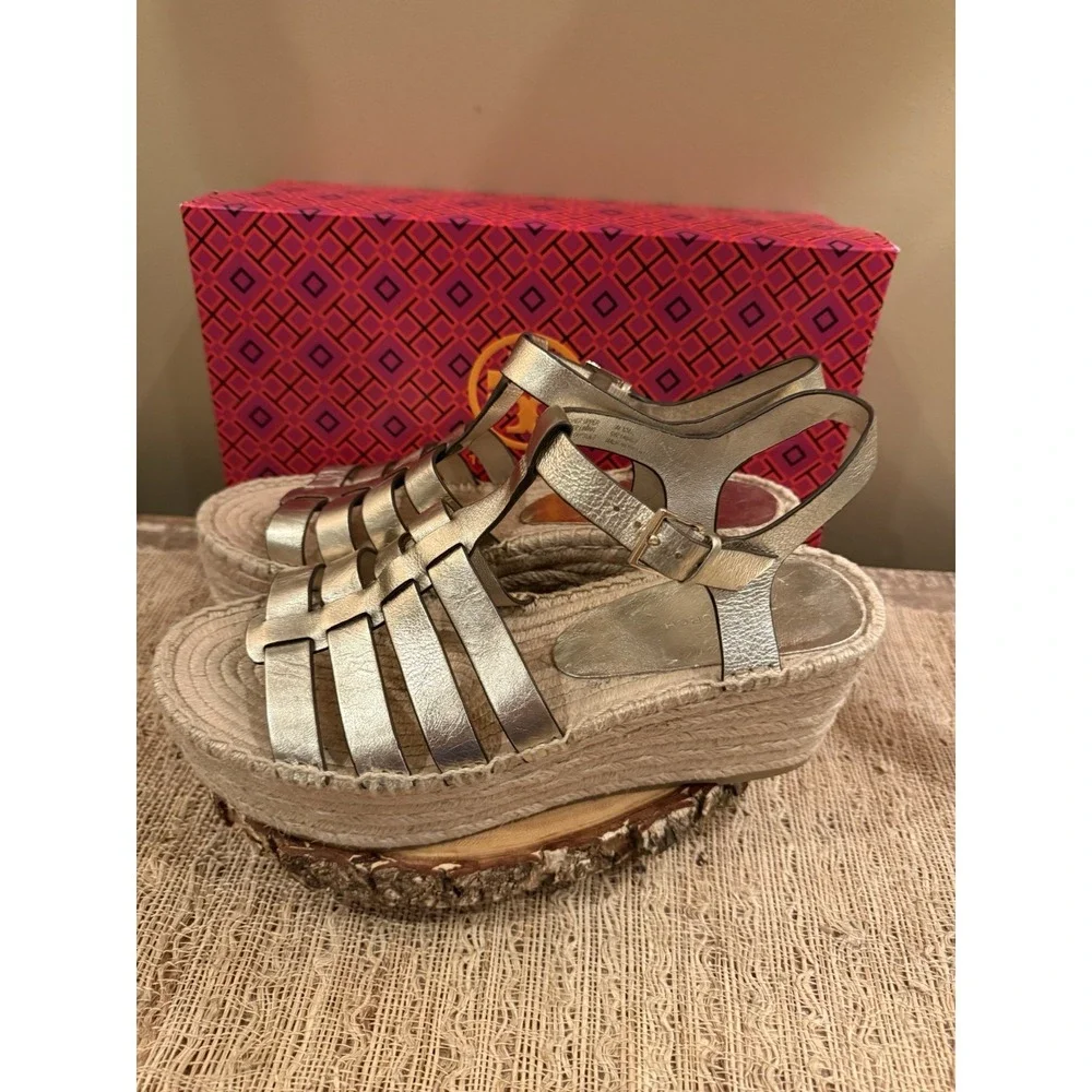Tory Burch Fisherman Espadrille Platform Wedge Sandal in Spark Gold Sz-9 Boho